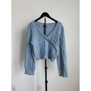 Express Women’s Cropped Textured Surplice Blue Sweater Medium